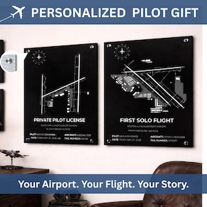 May include: Two black aviation-themed wall art prints. One says "Private Pilot License" and the other "First Solo Flight." Both feature airport diagrams and pilot details. The text "Your Airport. Your Flight. Your Story." is at the bottom.