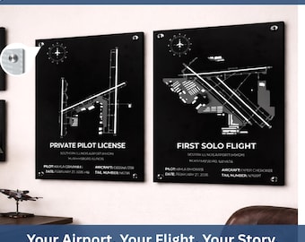 May include: Two black aviation-themed wall art pieces. One reads "Private Pilot License" and the other "First Solo Flight." Both feature airport diagrams and pilot details. The text "Your Airport. Your Flight. Your Story." is at the bottom.