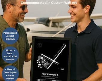 Stampa incorniciata del primo volo da solista, mappa dell'aeroporto dettagliata e personalizzabile, regalo per piloti, QUALSIASI AEROPORTO, regalo per il primo volo da solista