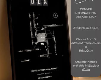Pôster minimalista com diagrama do Aeroporto Internacional de Denver, pôster emoldurado, presente para entusiastas da aviação, mapa do aeroporto de Denver (DEN), diagrama do aeroporto, arte de parede, presente para pilotos, viagens.