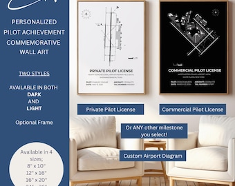 Stampa commemorativa incorniciata per i successi di un pilota, mappa dettagliata dell'aeroporto personalizzabile, regalo per piloti, QUALSIASI AEROPORTO, licenza di pilota privato