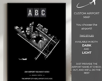 Mapa personalizado de aeroporto, QUALQUER AEROPORTO, Decoração de aviação personalizada, Presente para piloto com ou sem moldura, Diagrama detalhado do aeroporto personalizado