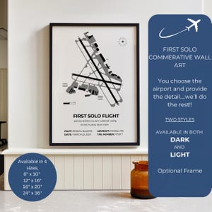 Erster Solo Flug gerahmt Druck, anpassbare detaillierte gerahmte Flughafenkarte, Pilot Geschenk, jeder FLUGHAFEN, erstes solo Geschenk