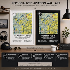 May include: Two framed aviation wall art prints featuring VFR sectional maps of Morristown Municipal Airport. One print is in a white frame labelled Private Pilot License, and the other is in a black frame labelled First Solo Flight with text details.