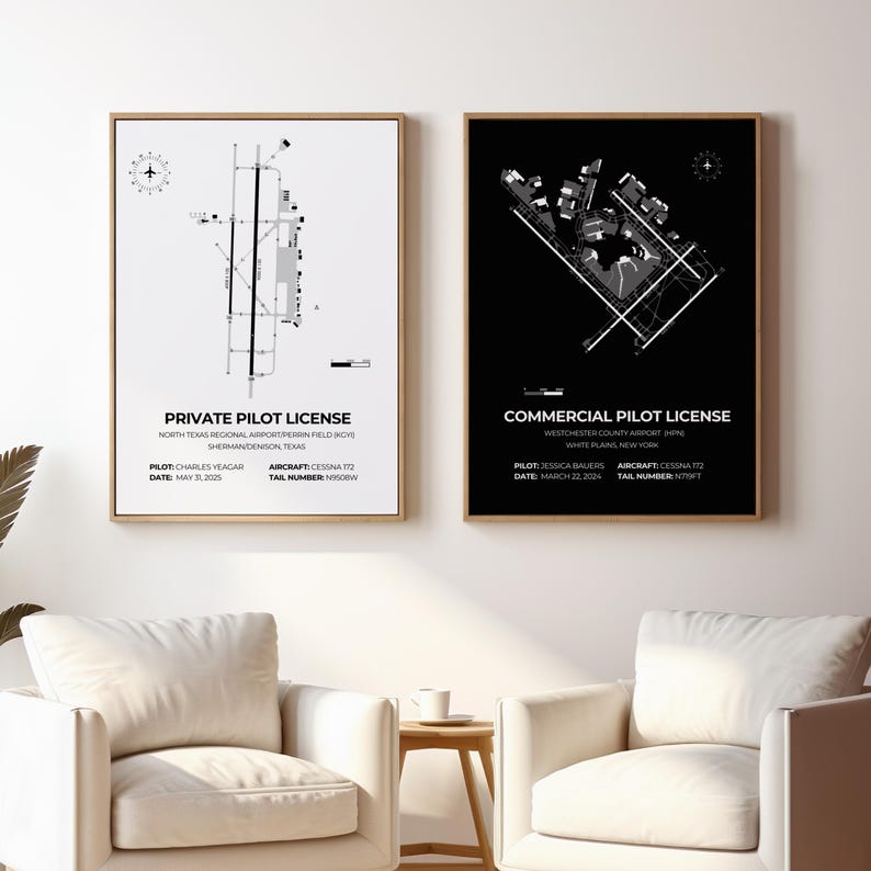 May include: Two framed aviation art prints. One features a white background with a detailed airport diagram and text: "Private Pilot License." The other has a black background with an airport diagram and text: "Commercial Pilot License."