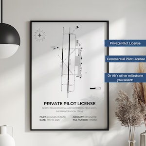 May include: A framed print featuring a detailed black and white airport diagram. The text reads "Private Pilot License" with pilot details and aircraft information. Additional text includes "Private Pilot License", "Commercial Pilot License", and "Or ANY other milestone you select!"