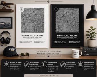 May include: Two framed aviation wall art prints featuring VFR sectional maps of Morristown Municipal Airport. One print has a white frame and the other a black frame. Both include text detailing pilot name, aircraft type, date, and tail number.