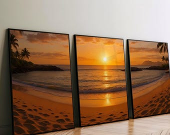 Hawaiian Sunset Triptych: Tropical Beach Panoramic Wall Art Prints