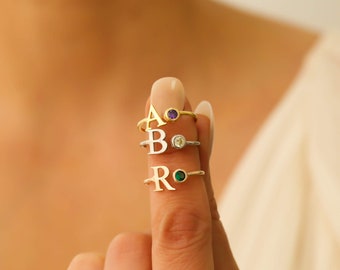 Birthstone Letter Ring, Birthstone Ring, Personalized Birthstone Ring for Mothers Day, Custom Gemstone Ring Mom, Gift for Mom, Mothers Day