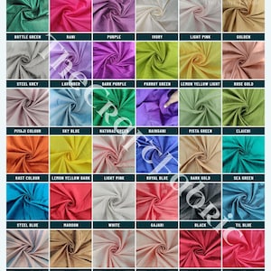 Op de afbeelding: Een raster van zesendertig stoffen stalen in verschillende kleuren, waaronder flessengroen, rani, paars, ivoor, lichtroze, goud, staalgrijs, lavendel, donkerpaars, papegaaigroen, citroengeel, roségoud, piyaji, hemelsblauw, natuurgroen, baingani, pistachegroen, elaichi, rast, donker citroengeel, koningsblauw, donkergoud, zeegroen, staalblauw, bordeaux, wit, gajari, zwart, til-blauw, turkoois goud, tak, licht perzik, donker perzik, donker bordeaux en koraalroze.