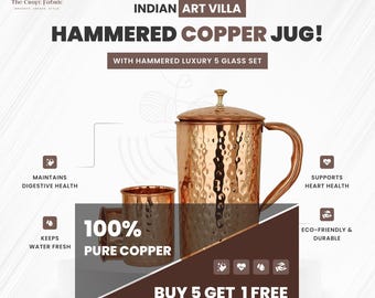 Handmade Copper Jug Set with Glass Tumblers: Ayurveda Serveware