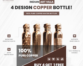 100% Handcrafted Pure Copper Water Bottle Ayurvedic Travel Vessel, 1 Liter Leak-Proof and Eco-friendly