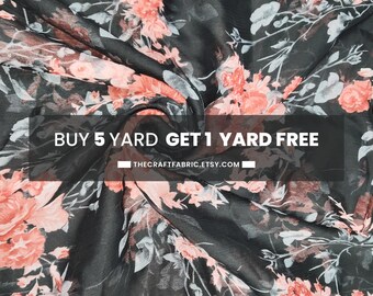 May include: Black sheer fabric with a pink floral print. The fabric is draped and the text "BUY 5 YARD GET 1 YARD FREE THECRAFTFABRIC.ETSY.COM" is visible.