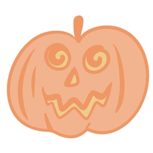 May include: A cartoon illustration of an orange pumpkin with a carved face. The pumpkin has a wide, toothy grin and swirling eyes.