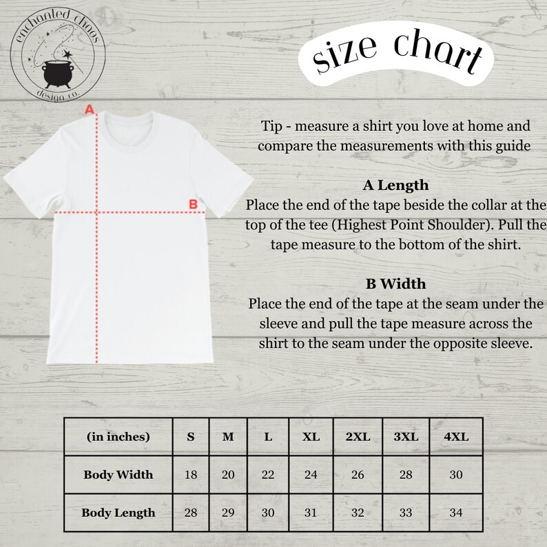 May include: Size chart for a t-shirt with measurements in inches for body width and length. Sizes range from S to 4XL.