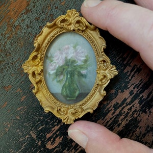 Miniature oil painting giclee print pink rose vintage style oil mini painting vintage oval frame gift for mom dollhouse floral tiny art