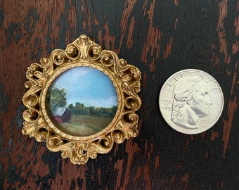 Miniatuurkunst poppenhuis: ingelijste olieverfschilderij rode schuur, schaal 1/12