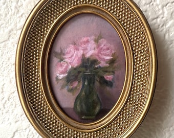 Pink Roses in a Green Vase Original Art Framed Oil Painting Print: Vintage Oval Gold Frame Wall Art