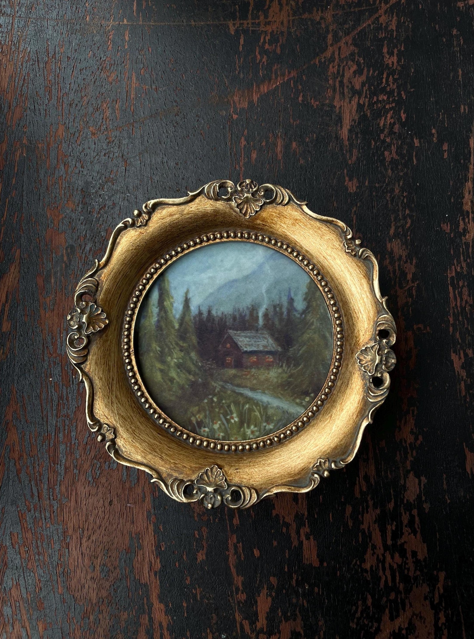Cabin in the Woods Oil Painting Print: Vintage Gold Frame Wall Art