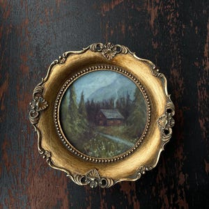Lámina de pintura al óleo "Cabaña en el bosque": Cuadro decorativo de pared con marco dorado vintage
