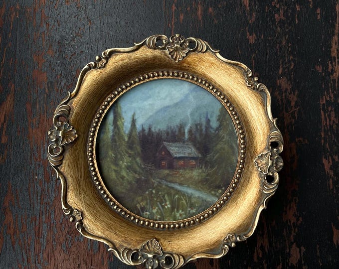 Cabin in the Woods Oil Painting Print: Vintage Gold Frame Wall Art
