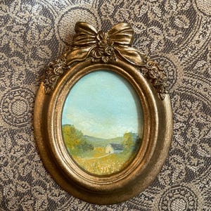 vintage farm landscape | framed print | gold oval gilded frame | small oval landscape painting | wedding gift for vintage lover | wall art