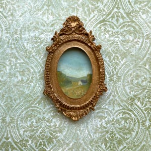 Miniature dollhouse painting | Artisan miniature art | mini farmhouse painting | oval framed wall art | 1:12 scale | mini vintage painting