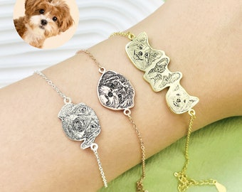 Personalized Pet Portrait Bracelet, Custom Dog Name Jewelry, S925 Silver