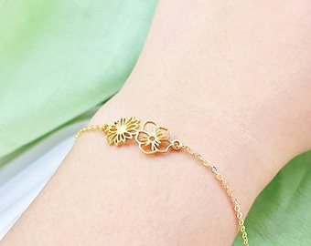 May include: A gold chain bracelet with two delicate flower charms. The bracelet is on a person's wrist.