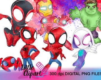 DIGITAL DOWNLOAD watercolor spiderboy and friends , x7 clipart , x 2 splats 300dpi png spiderfriends