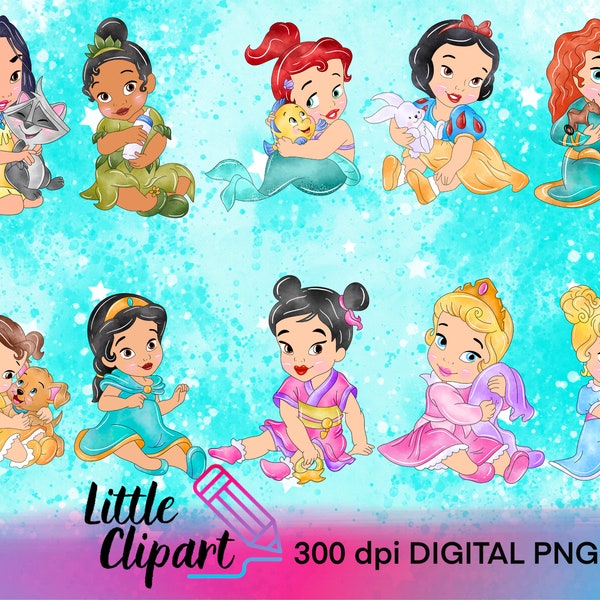 DIGITAL DOWNLOAD , Watercolor Baby Princess Clipart png Files , x10 Clipart , x1 Splat Background , Watercolor Princess Toddler 300dpi