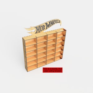 May include: A laser cutting template for a wooden Hot Wheels display shelf with 20 slots. The template includes a Hot Wheels logo banner.