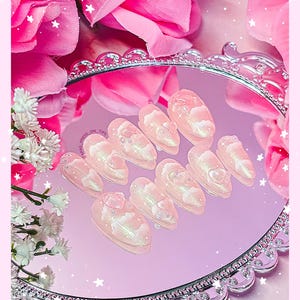Luxury Press On Nails || Dreamy Kawaii &quot;Rosie Skies&quot; | Pink Shimmery Nails | Glue On Nails | Fake Nails | Kawaii Custom Gel Nails | Press On