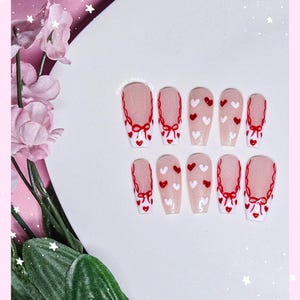 Luxury Press On Nails || &quot;Flirty Valentine&quot; | Valentines Day Nails | Coquette Nails | Girly Press On&#39;s | French Tip Nails | Kawaii Nails
