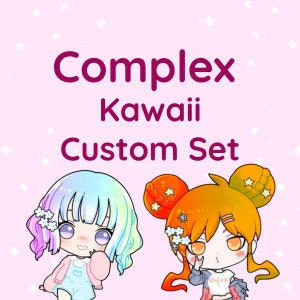 May include: Illustration of two anime-style characters with large eyes and colorful hair. The text "Complex Kawaii Custom Set" is displayed in a dark pink font. The background is light pink with white stars.