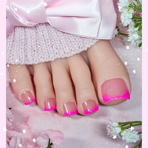Luxury Press On Nails For Toes || &quot;Hot Pink Frenchies&quot; | Hot Pink French Tip Toe Nails | Press On Toes | Kawaii Pink Toe Nails | Gel Nails
