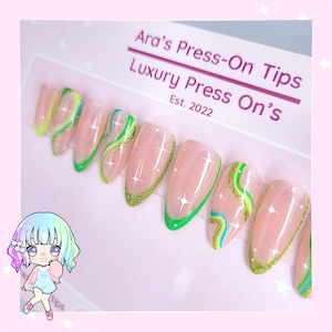 Luxury Press On Nails || Dreamy Kawaii &quot;Green French Tips with Swirls & Sparkles&quot; | Press On&#39;s | Girly Kawaii Nails | Green French Tip Nails