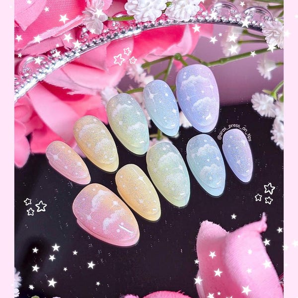 Luxury Press On Nails Dreamy Kawaii "Rainbow Dreams" Rainbow Cateye Ombre Dreamy Girly Kawaii Nails