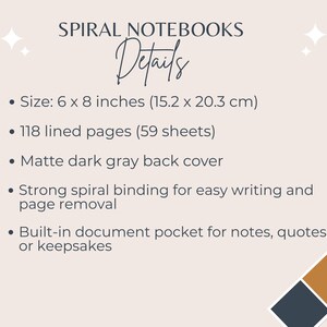 May include: A product detail sheet for spiral notebooks. The text includes the notebook's size, 6 x 8 inches, and 118 lined pages. Features include a matte dark gray back cover, spiral binding, and a built-in document pocket.