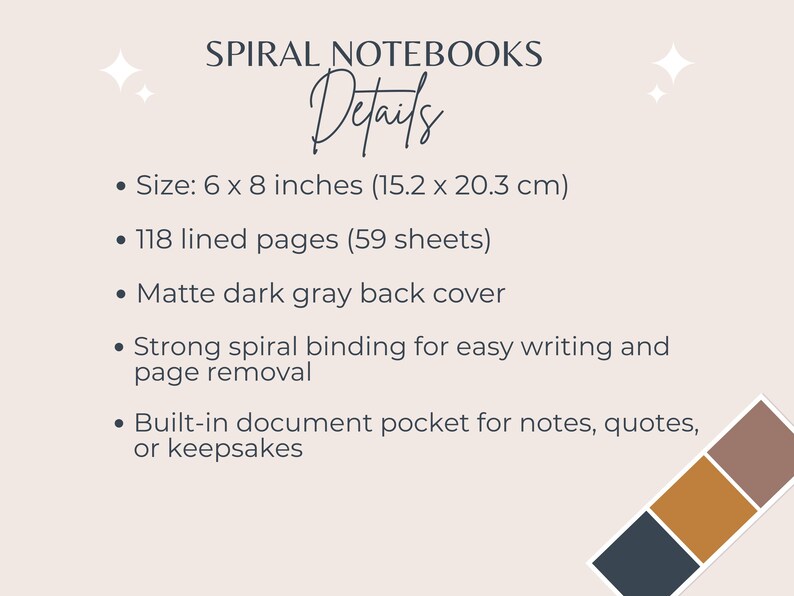 May include: A product detail sheet for spiral notebooks. The text includes the notebook's size, 6 x 8 inches, and 118 lined pages. Features include a matte dark gray back cover, spiral binding, and a built-in document pocket.