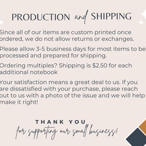 May include: Text on a cream-colored background reads "PRODUCTION and SHIPPING." It details custom printing, returns, processing time, and customer satisfaction. The text also includes "THANK YOU for supporting our small business!"