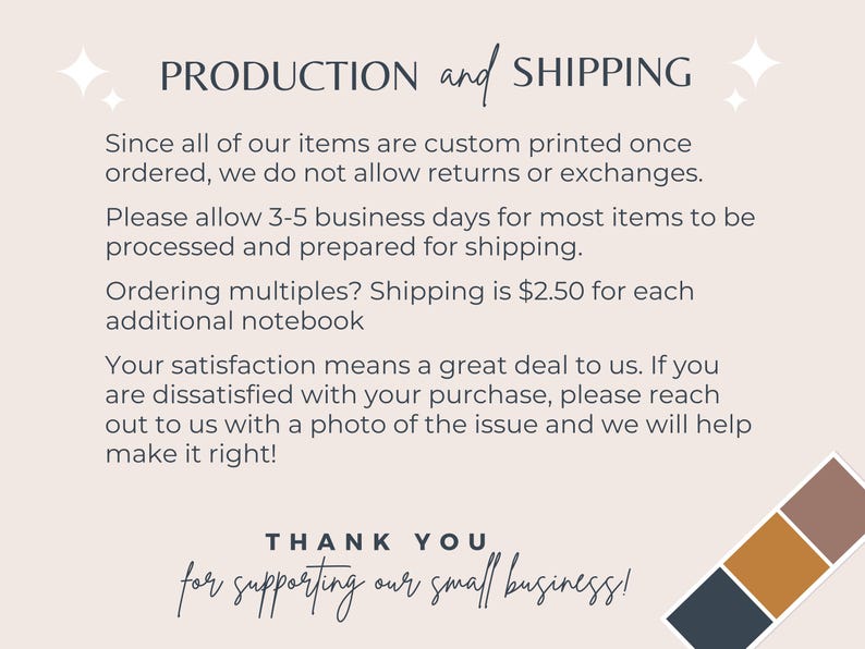 May include: Text on a cream-colored background reads "PRODUCTION and SHIPPING." It details custom printing, returns, processing time, and customer satisfaction. The text also includes "THANK YOU for supporting our small business!"