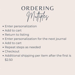 May include: A beige graphic with the words "ORDERING Multiples" in dark blue script. Bullet points below detail the steps to order multiple items, including personalization, adding to cart, and checkout.