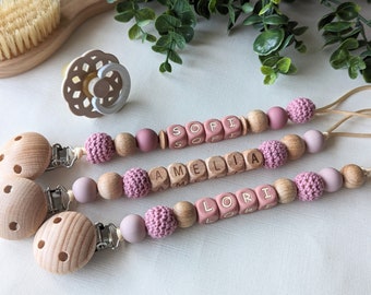 Personalised dummy clip, pink dummyclip, Baby keepsake Gift, Girls Dummy chain, Rattle toy, Baby gift set, wooden, Dummyclips, Baby girl,