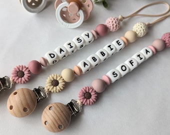 Daisy silicone Dummy clip, Personalised Dummy clip, Pacifier chain, Baby accessories, Baby keepsake gift, Pacifier holder, BIBS, Baby Shower