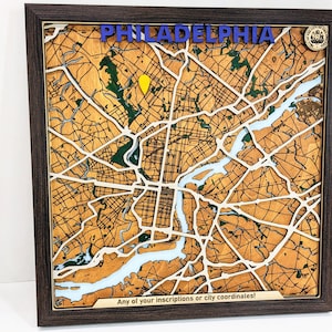 Décoration murale 3D personnalisée en bois de carte de Philadelphie - carte de la ville élégante multicouche découpée au laser - décoration d'intérieur - inspiration Philadelphie - mur