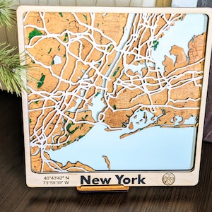 Plan de la ville en bois de New York, carte en bois multicouche découpée au laser, n'importe quel plan de la ville, cadeau personnel, découpe laser, fait main, carte en bois, plans de la ville, carte 3D