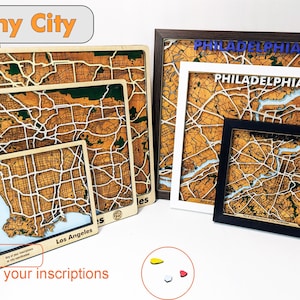 Plan de n'importe quelle ville en bois personnalisé - Décoration murale 3D - Carte découpée au laser multicouche - N'importe quelle ville du monde personnalisée - Carte topographique - Art mural