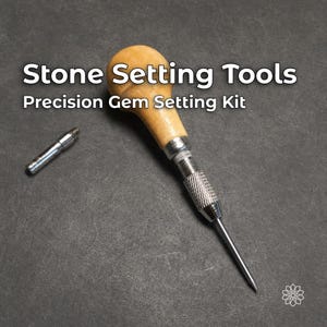 May include: A stone setting tool with a light brown wooden handle and a silver metal tip, accompanied by a separate small silver metal attachment. The text Stone Setting Tools Precision Gem Setting Kit is displayed in white lettering.