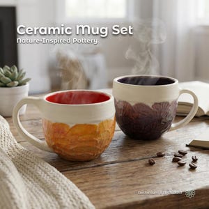 Könnte beinhalten: Keramik-Tassenset mit von der Natur inspirierten Töpferwaren. Eine Tasse hat eine strukturierte orangefarbene und gelbe Außenseite mit roter Innenseite. Die andere Tasse hat eine strukturierte dunkelviolette Außenseite mit violetter Innenseite. Beide Tassen haben weiße Ränder und Henkel.